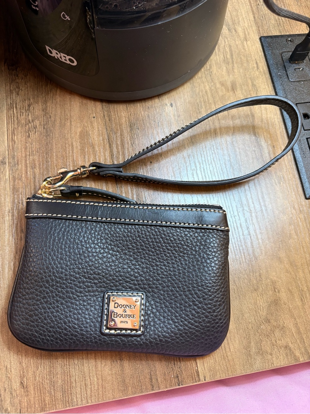 Dooney & Bourke Black Pebbled Leather Medium Wristlet with Gold Plaque